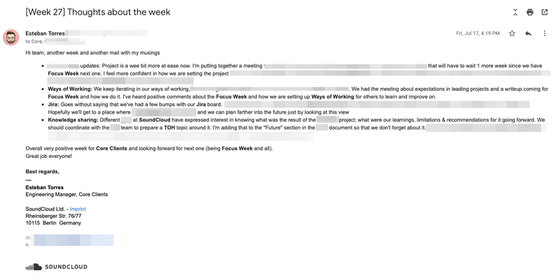 Redacted email subject: Week 27 Thoughts about the week. Mentions updates of the projects and focus week. Ways of working, Jira and knowledge sharing approaches. Ends with an overall positive week for Core Clients