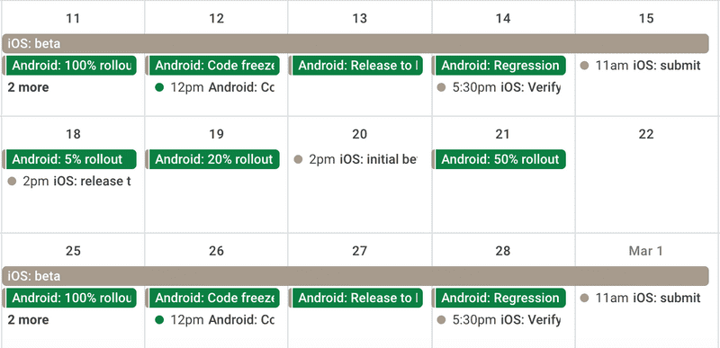 The dates for each code freeze are displayed for the entire company in a shared calendar