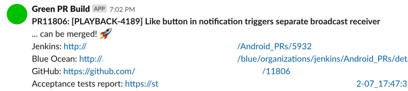 A Slack message sent to the author of the pull request after tests are run